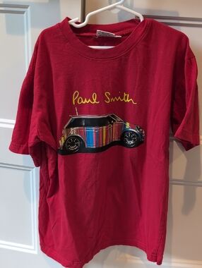 Paul Smith Red Tee with Multicolor Striped Car Graphic